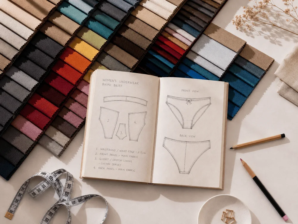 Underwear development sketches with fabric colour swatches and measuring tools