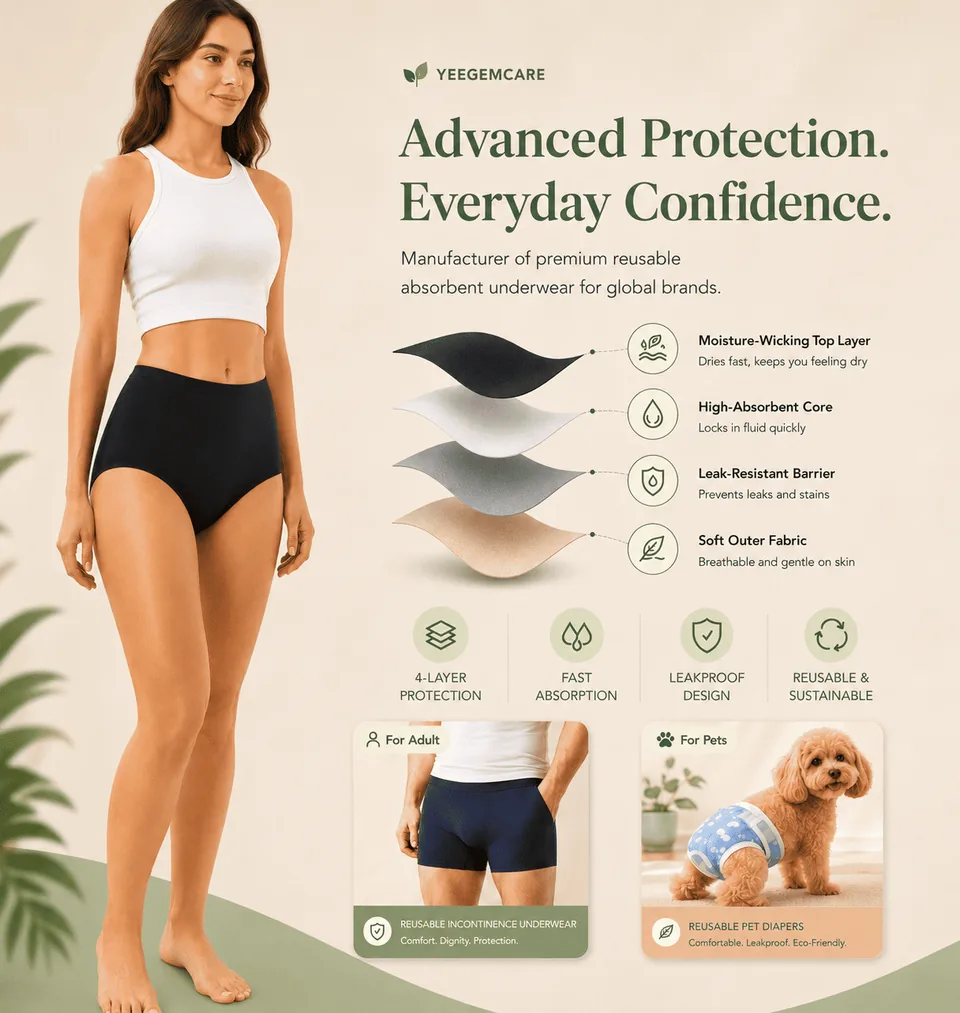 YeegemCare reusable absorbent underwear and four-layer protection overview